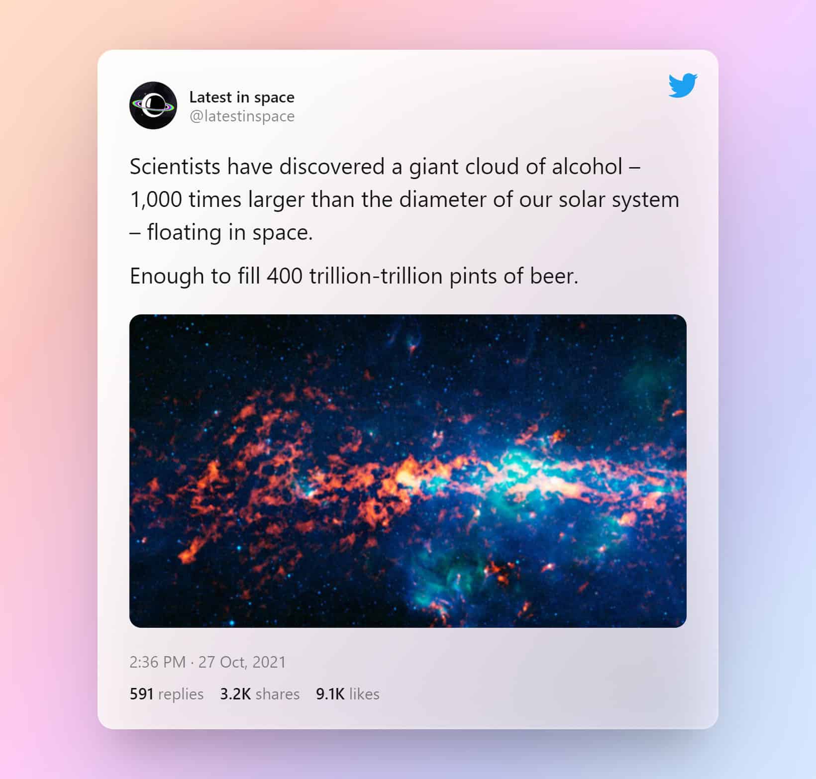 Des scientifiques découvrent un nuage géant d'alcool - 1000 fois plus large que le diamètre de notre système solaire