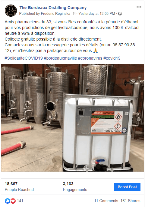 Bordeaux Distilling Co. propose son aide face à la pénurie d'éthanol pour la production de gel hydroalcoolique